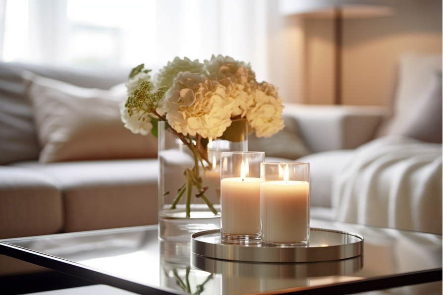 Scented Candles with a Flower Vase on a Coffee Table